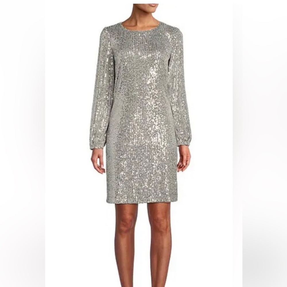 Preston & York NWT Holiday Silver Sequin Swing Midi Long Sleeve Dress Size 14